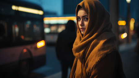 Portrait of a young muslim woman wearing a hijab at nightの素材