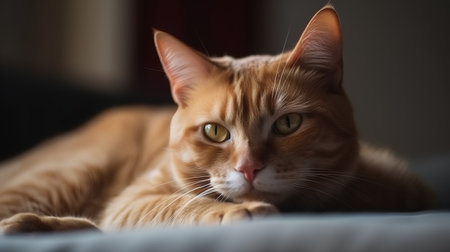 ginger cat lying on bed at home, shallow depth of fieldの素材