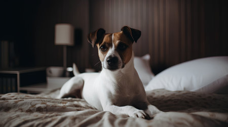 Jack russell terrier dog lying on the bed at homeの素材