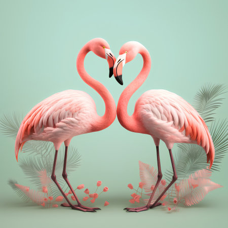 Two flamingos on a background of palm leaves. 3d renderingの素材
