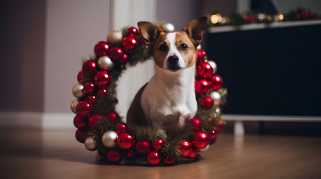 Dog in christmas wreath. Jack russell terrier at homeの素材