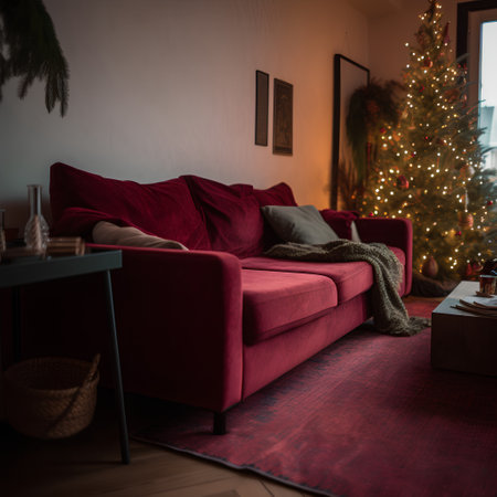 Red sofa in the living room with a Christmas tree in the backgroundの素材