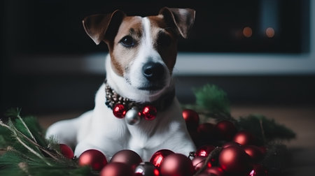Jack Russell Terrier with Christmas ornaments on a dark backgroundの素材