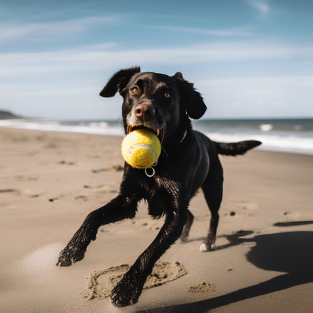 Black labrador retriever playing with a tennis ball on the beachの素材