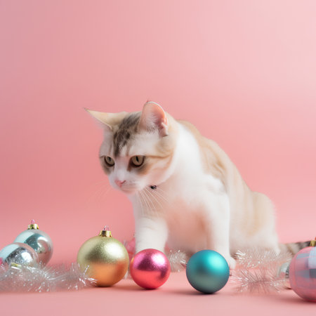 Cute cat with christmas balls on pink background. Christmas and New Year concept.の素材