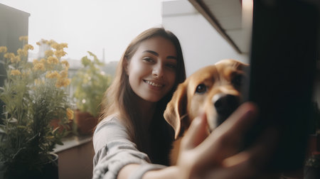 Young woman taking selfie with her dog at home. Focus on dogの素材