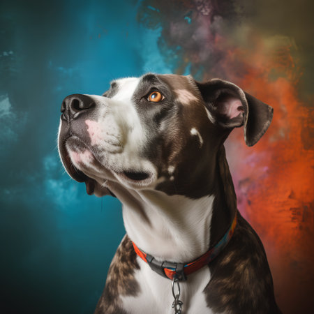 American staffordshire bull terrier portrait on a dark background.の素材