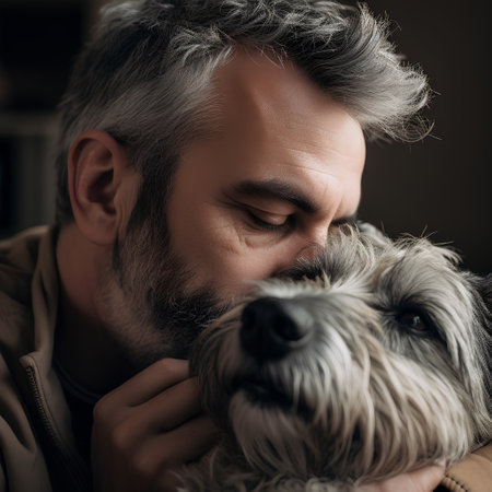 Close-up portrait of a bearded man with a dog in his arms.の素材