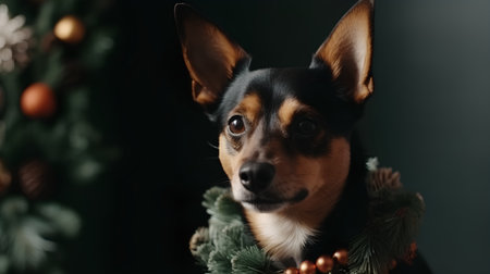 chihuahua dog wearing a christmas wreath on dark backgroundの素材
