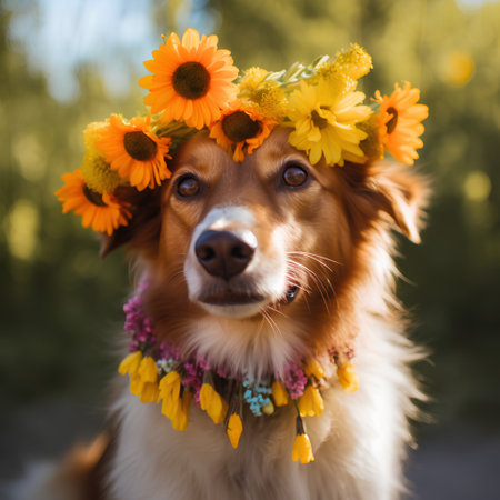 Portrait of a dog with a wreath of daisiesの素材