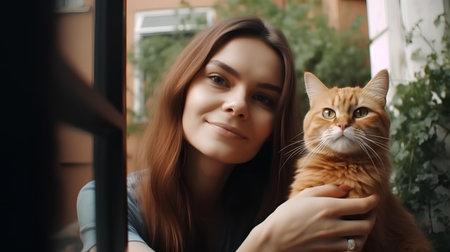 Portrait of beautiful young woman with ginger cat on the windowsillの素材