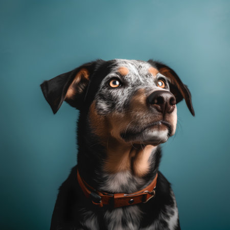 Portrait of a cute mixed breed dog on a blue background.の素材