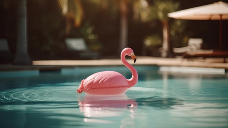 Pink flamingo float in swimming pool. Summer vacation concept. Vintage toneの素材