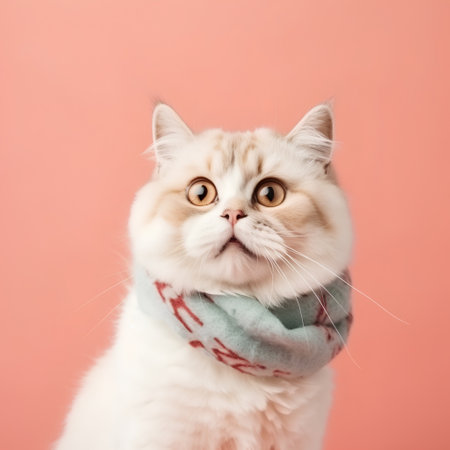 Cute persian cat wearing a scarf on a pink background.の素材