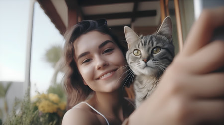 Beautiful young woman taking a selfie with her cat at home.の素材