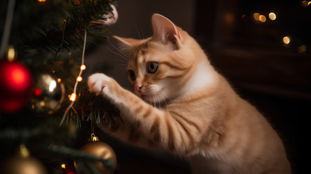 Cute ginger kitten on the background of the Christmas tree and lightsの素材