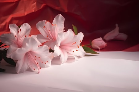 Pink rhododendron flowers on a white and red backgroundの素材