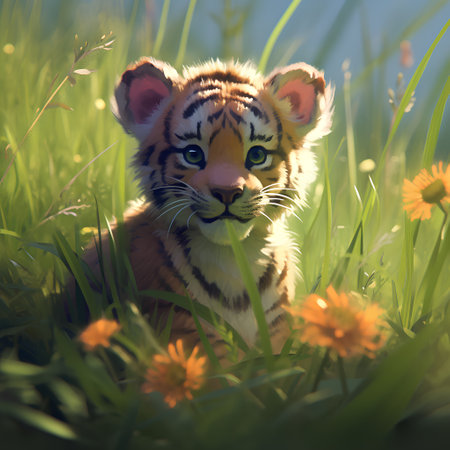 Tiger cub on the meadow with dandelions in the sunlightの素材