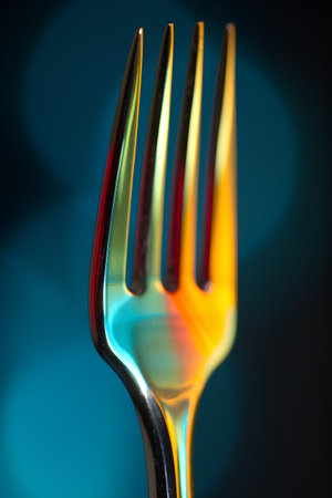 Close up of a fork on a blue background. Selective focus.の素材