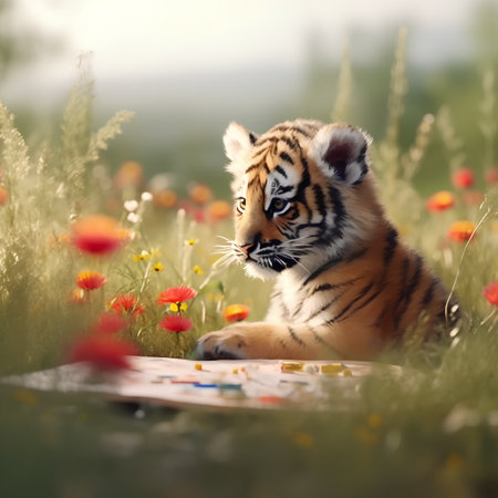 Tiger cub lying on a wooden board in the field of flowersの素材