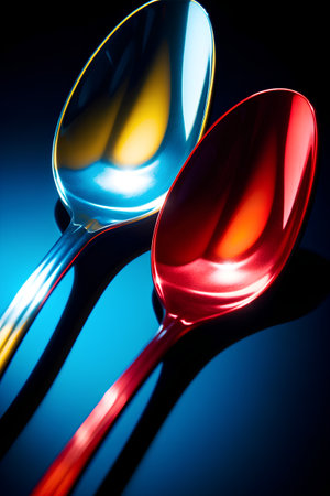 Spoon on a blue background. 3D illustration. Toned.の素材