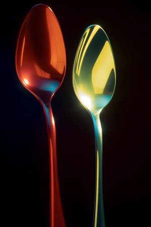 Colorful spoons on a black background. 3d rendering.の素材