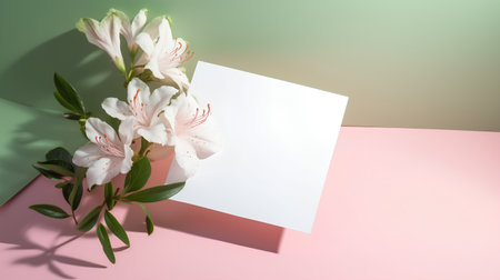 Blank card with pink flowers on pastel background. Mockup.の素材