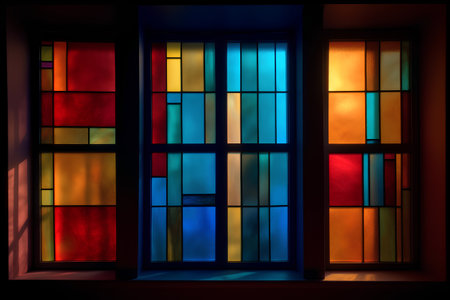 Colorful stained glass window in dark room with red, orange, blue and yellow colorsの素材