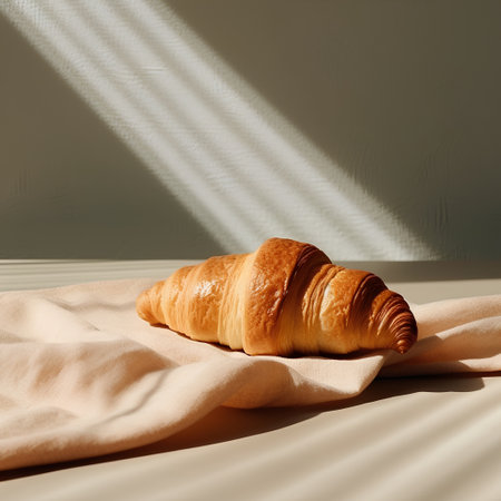 Freshly baked croissant on beige background with sunbeamsの素材