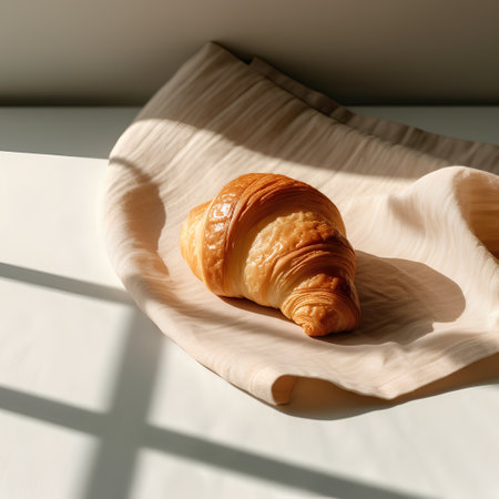 Freshly baked croissant on linen napkin in sunlight. French breakfast concept.の素材