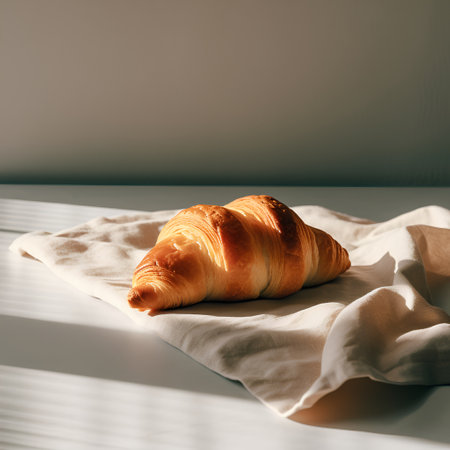 Croissant on white napkin in sunlight. Toned.の素材