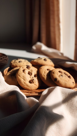 Chocolate chip cookies in a wicker basket on a wooden tableの素材