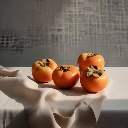 Persimmon fruits on a white table with a linen cloth.の素材