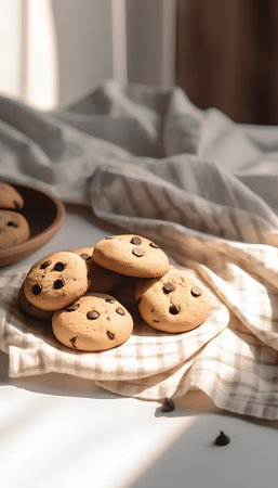 Chocolate chip cookies on a linen napkin on a white backgroundの素材