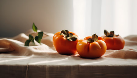 Ripe persimmons on a white tablecloth. Selective focus.の素材