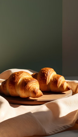 Freshly baked croissants on a wooden board on a green backgroundの素材