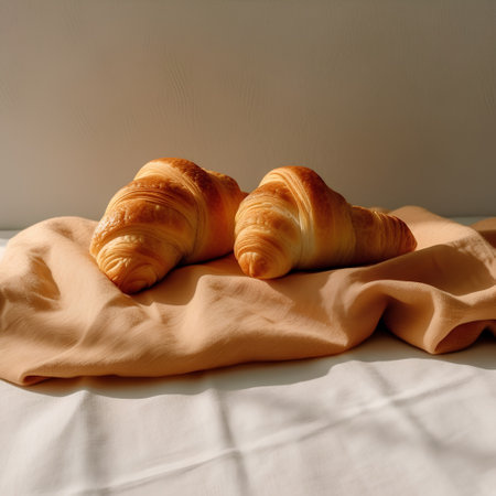 Freshly baked croissants on linen tablecloth. Breakfast concept.の素材