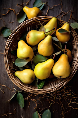 Fresh pears in a basket on a wooden background. Selective focus.の素材