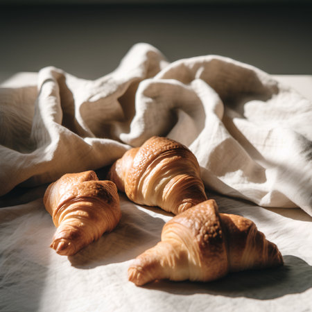 Fresh croissants on a white napkin in sunlight. Toned.の素材