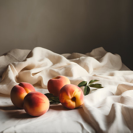 Fresh peaches on a white linen tablecloth with copy space.の素材