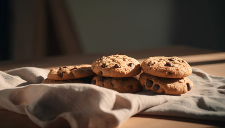 Chocolate chip cookies on a linen napkin. Selective focus.の素材