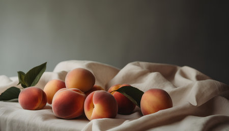 Ripe apricots with green leaves on a white fabric.の素材