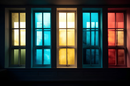 Colorful windows in a dark room. 3D rendering. Toned.の素材