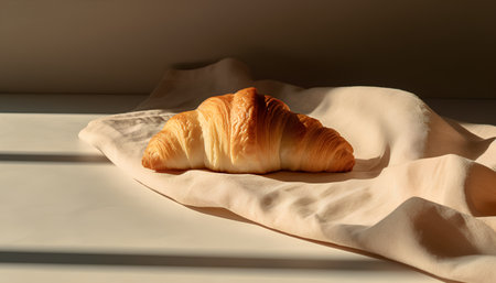 Freshly baked croissant on linen napkin. French breakfast.の素材