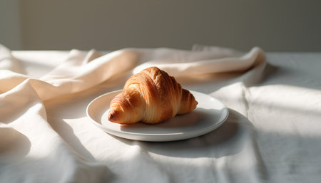 Croissant on a white plate in sunlight. Breakfast concept.の素材