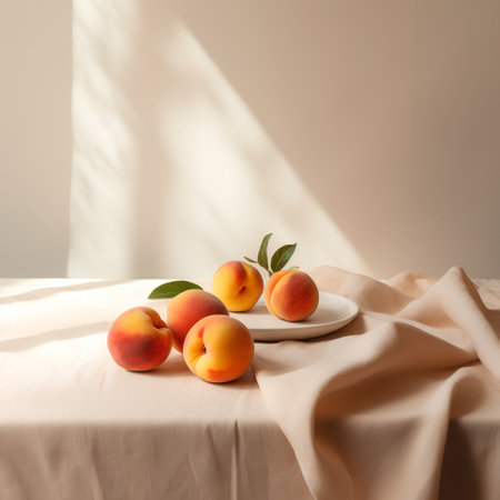 Ripe apricots on a white plate on a beige tableclothの素材