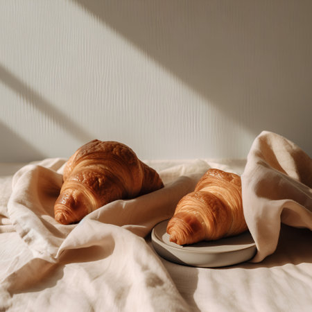 Freshly baked croissants on a white plate on a linen tablecloth.の素材