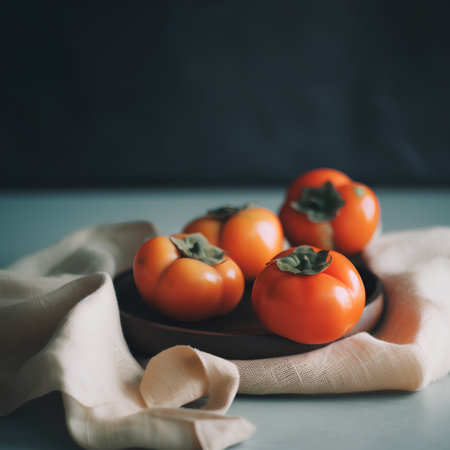 Persimmon fruits on wooden plate, dark background, selective focusの素材