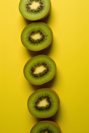 Sliced kiwi fruit on yellow background. Flat lay, top viewの素材