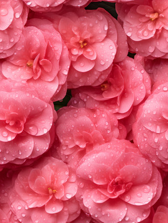 Pink camellia flowers with dew drops close-up backgroundの素材